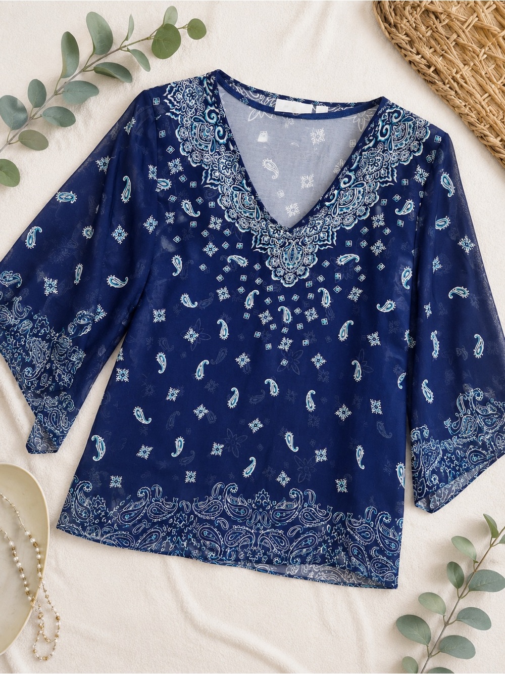 🤍💙Belle by Kim Gravel 2-Piece Paisley Kimono Top Set Navy Blue Medium💙🤍